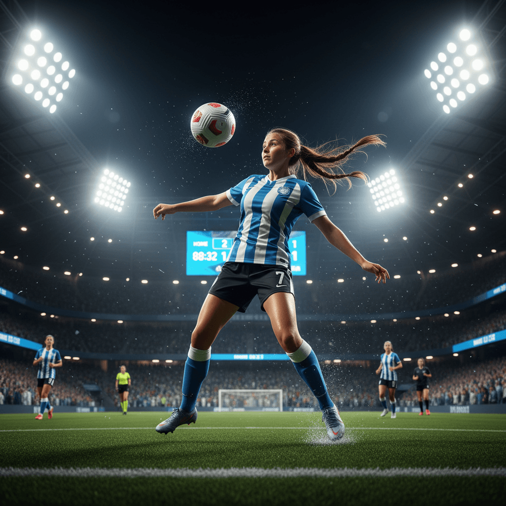 Young female footballer in dynamic action during match, professional stadium lighting, authentic game moment