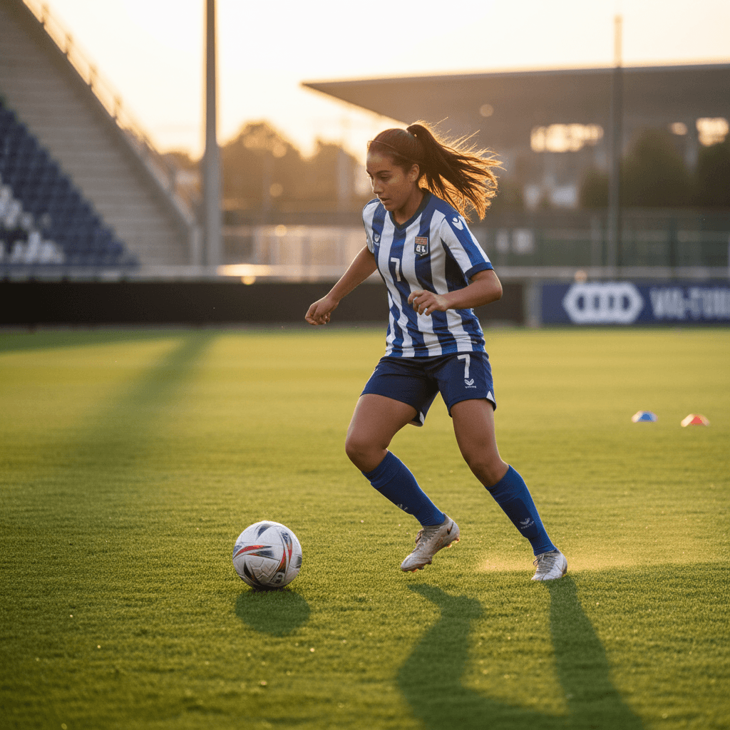 Jeune joueuse de football en action sur un terrain d'entraînement à Lyon