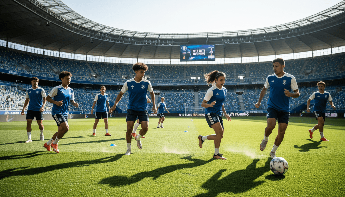 Jeunes joueurs de football à l'entraînement sur un terrain professionnel