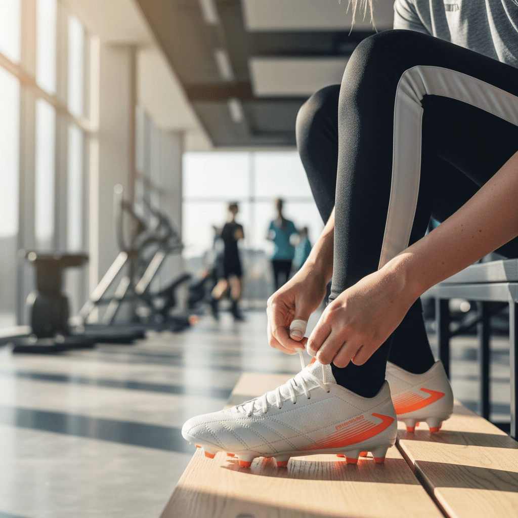 Joueuse préparant ses chaussures avant un entraînement