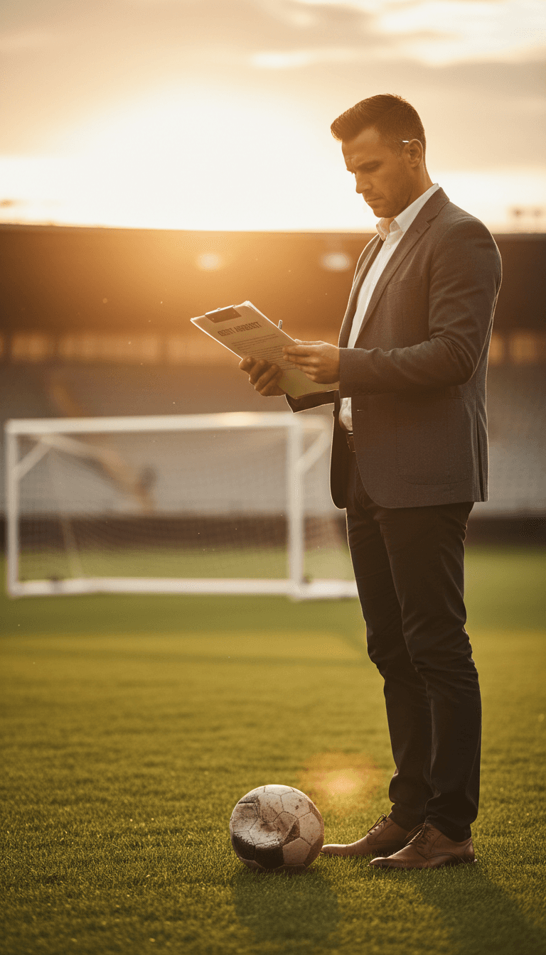 Conseiller sportif debout sur un terrain, consultant un document près des buts