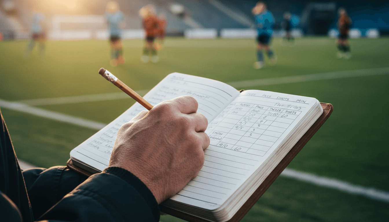 Main d'un conseiller prenant des notes de détection pendant un match