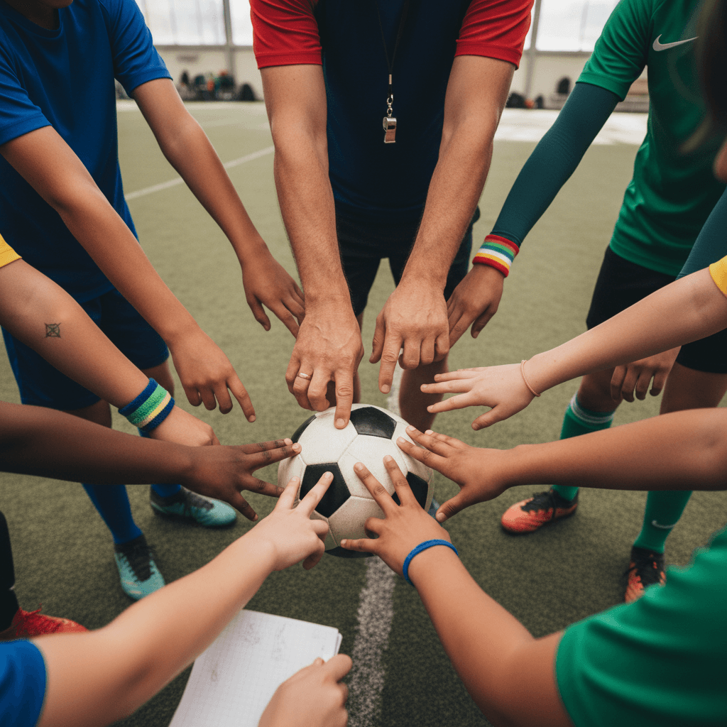 Groupe de joueuses de football s'entraînant ensemble