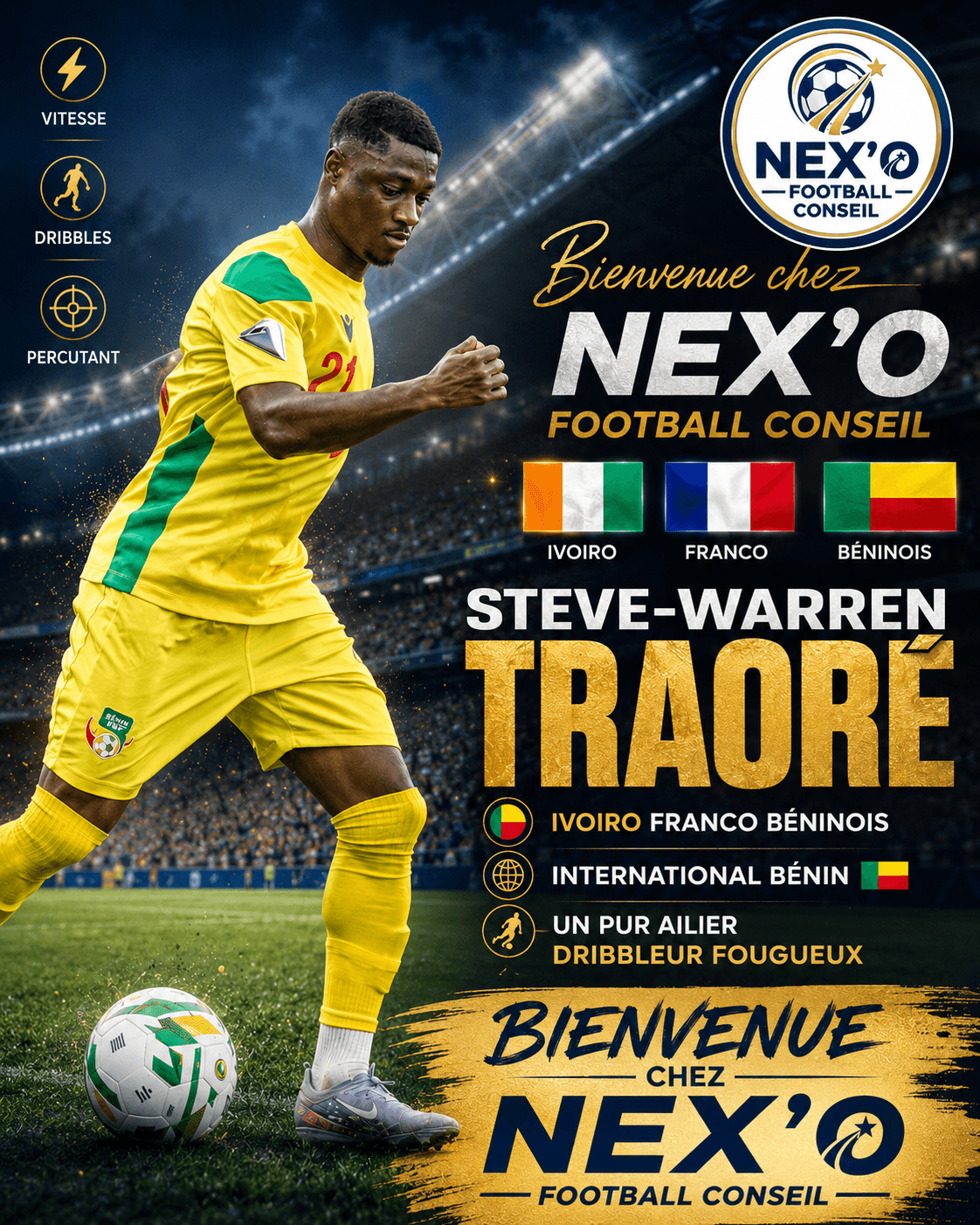 Steve-Warren Traoré, ailier international béninois, dribble un ballon sur une affiche Nex'o Football Conseil.