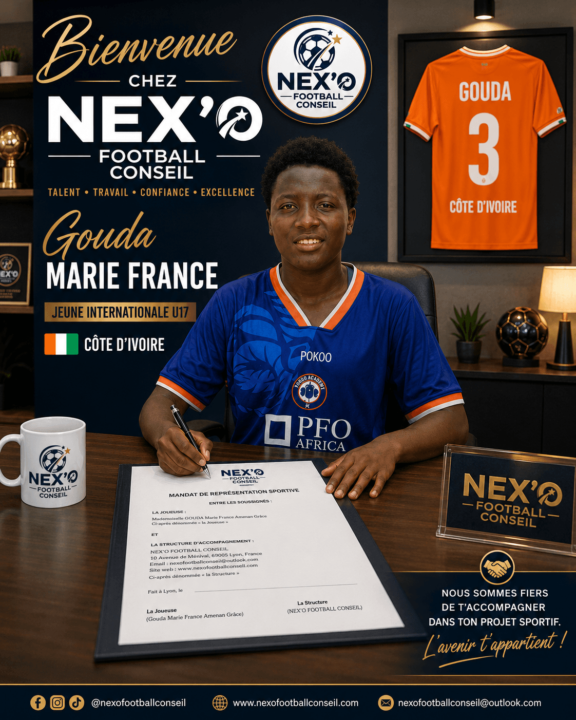 Gouda Marie France, footballeuse ivoirienne U17, signe un contrat de représentation chez Nex'o Football Conseil.