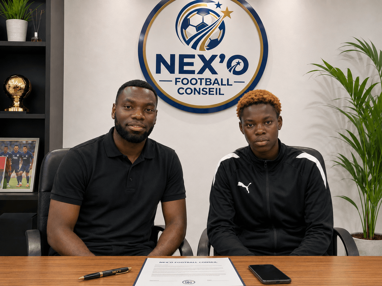 Deux personnes assises à un bureau devant le logo NEX'O Football Conseil avec un contrat.