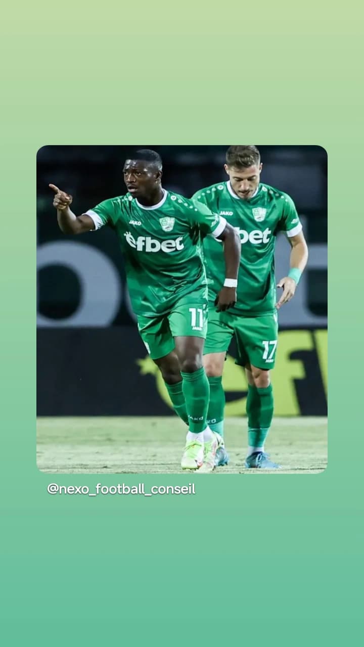 Deux footballeurs en maillots verts sur le terrain, l'un pointant du doigt vers l'avant.