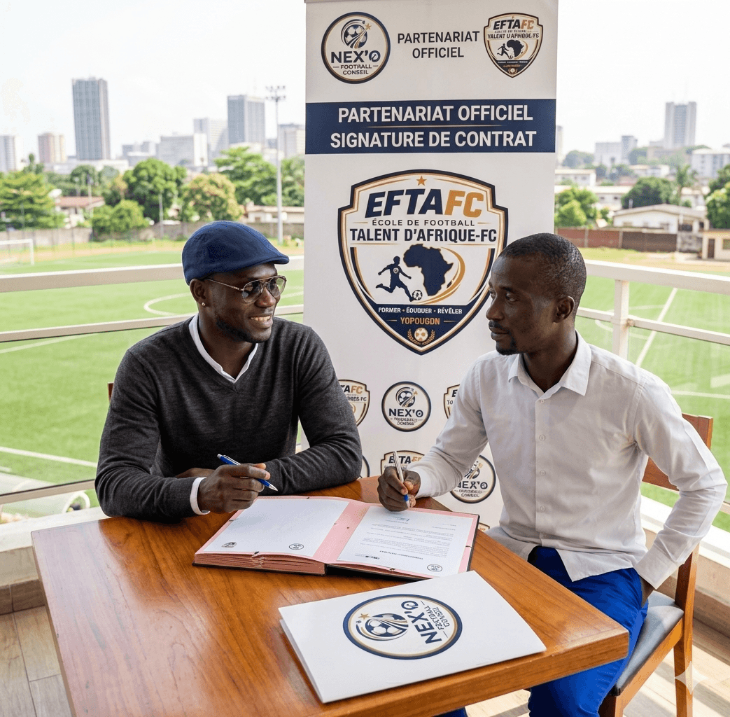 Deux hommes signent un contrat de partenariat officiel sur une terrasse surplombant un stade.