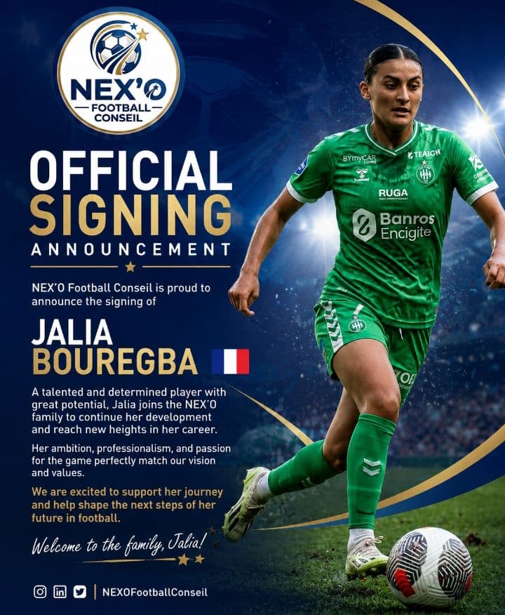 Annonce officielle de la signature de Jalia Bouregba par NEX'O Football Conseil en tenue verte.