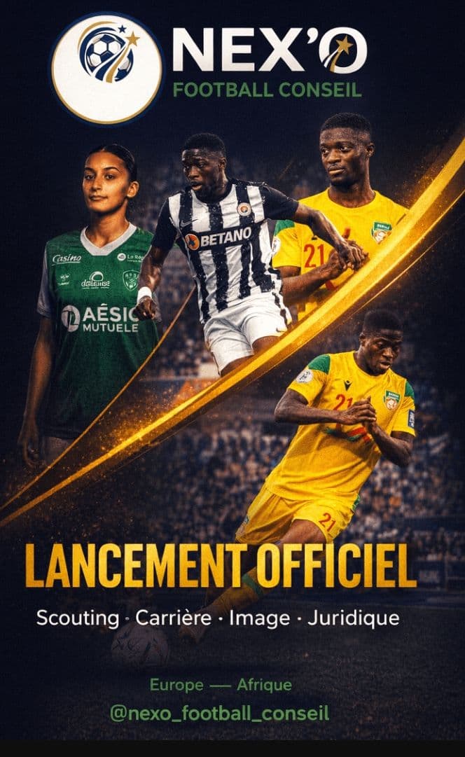 Affiche pour le lancement officiel de Nex'o Football Conseil avec quatre joueurs de football professionnels.