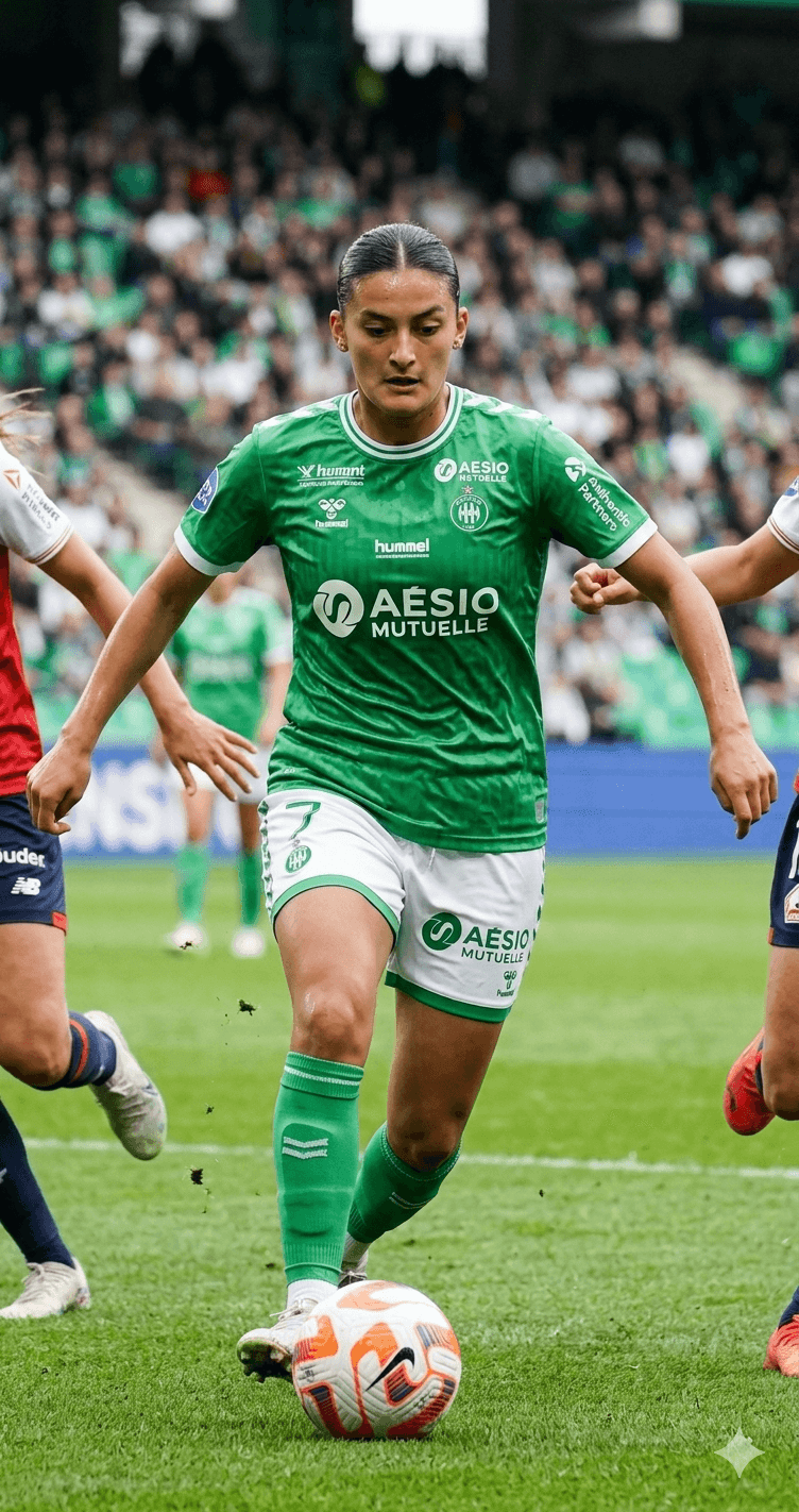 Une footballeuse en maillot vert et blanc dribble le ballon sur un terrain gazonné.